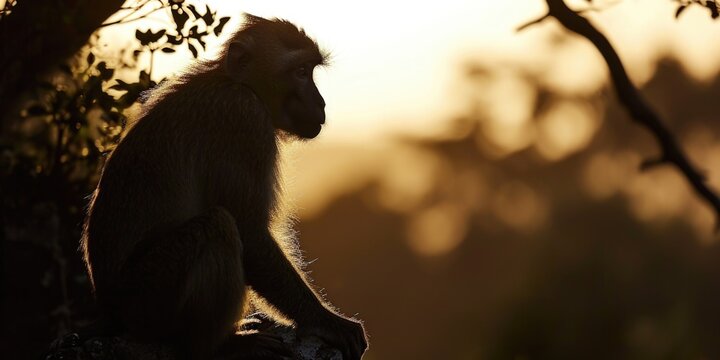 A monkey perched on a tree branch. Can be used to depict wildlife, nature, or jungle themes
