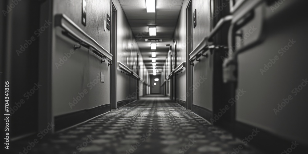 Aufkleber a long hallway with a clock on the wall. suitable for depicting time management or a sense of antici