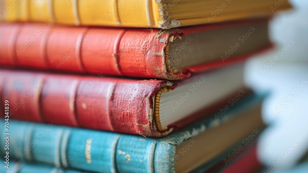 Poster a stack of books neatly arranged on top of each other. can be used to depict education, knowledge, l