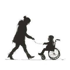 vcetor grayscale of painting a silhouette of a disabled child with a wheelchair and his mother  disability challenge, support