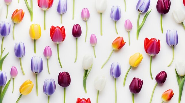 Vibrant tulip blooms: colorful floral display on a clean white background - captivating flat lay image for creative projects

