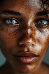 A detailed view of a woman's face with freckles. This image can be used to showcase natural beauty or to represent diversity and individuality