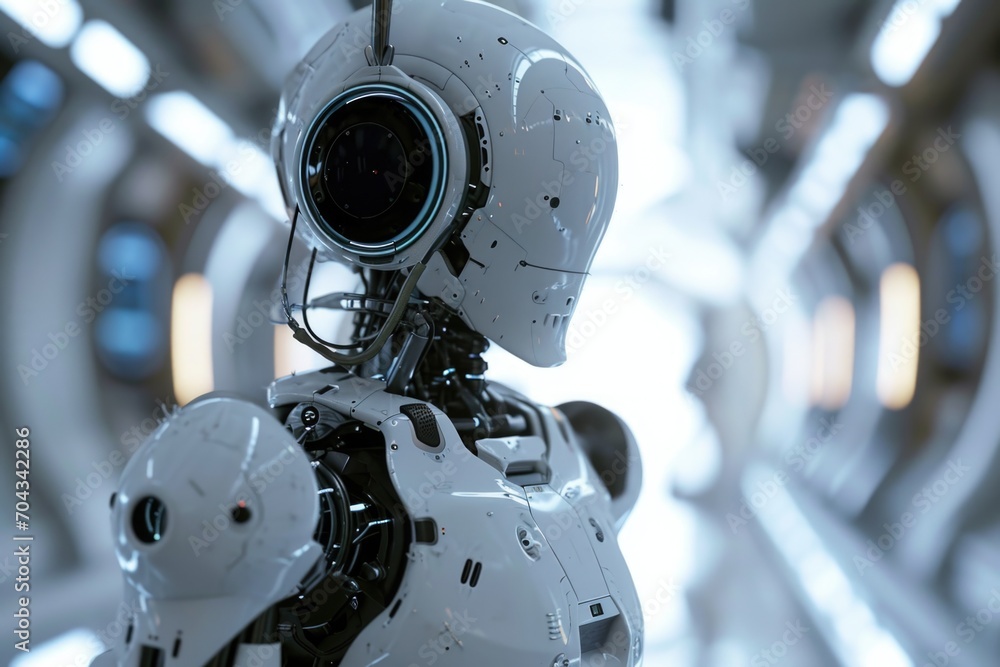 Aufkleber a close up shot of a robot holding a camera. perfect for technology or futuristic concepts