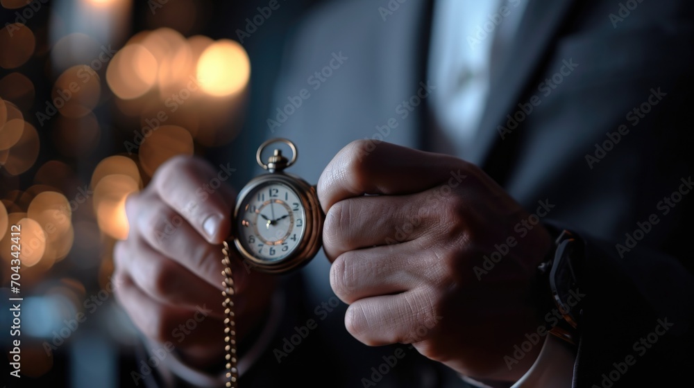 Poster a man dressed in a suit holding a pocket watch. suitable for time management concepts and business t