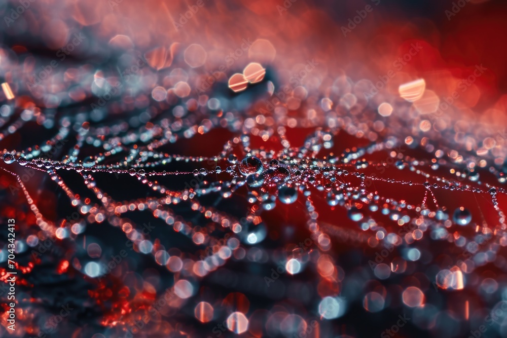 Poster Water droplets glisten on a delicate spider web, creating a mesmerizing close-up view.