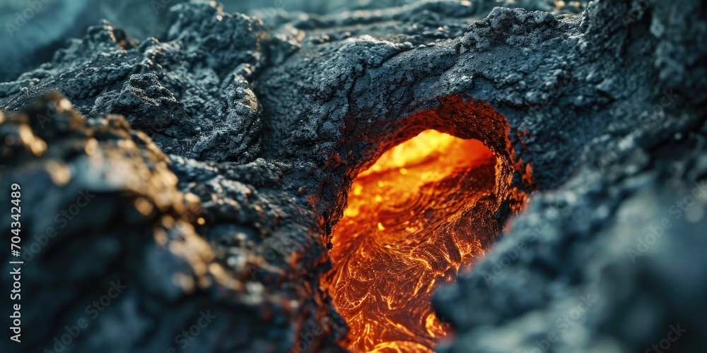 Poster a close-up view of a lava cave with a fiery glow emanating from its depths. perfect for illustrating
