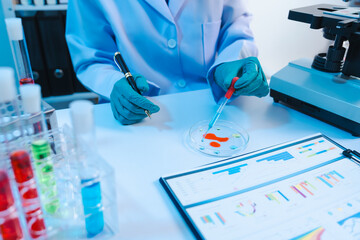 Asian people scientist in lab coat and protective gloves working with test tubes with green and red liquids, with microscope and other test tubes in the background in laboratory.