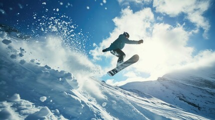 Naklejka na ściany i meble A person on a snowboard performing a mid-air jump. This image can be used to showcase extreme sports and winter activities