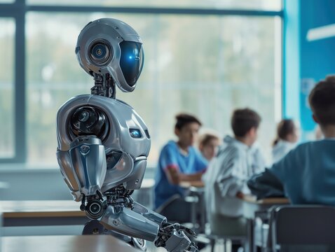 An Artificial Intelligence robot participates in a group of students in a modern classroom