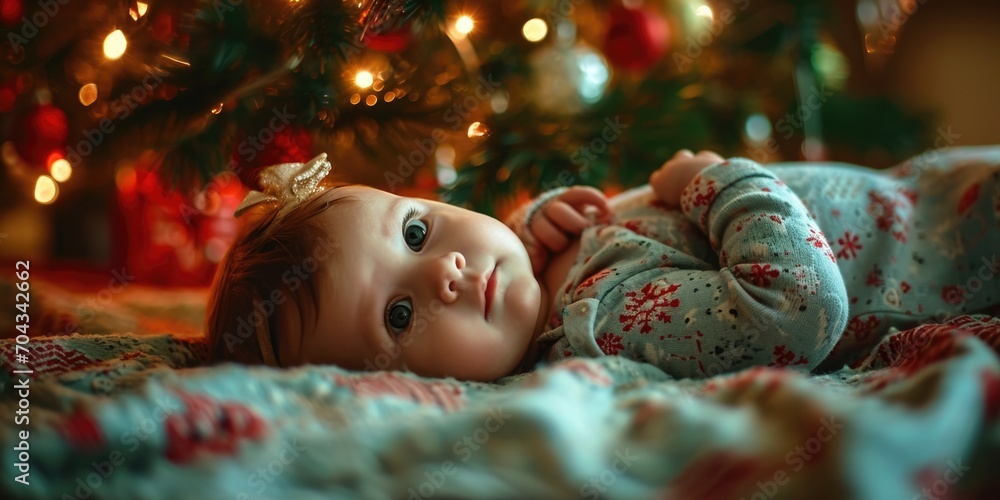 Sticker A sweet baby is lying on a cozy blanket in front of a beautifully decorated Christmas tree. Perfect for holiday-themed projects and baby-related designs