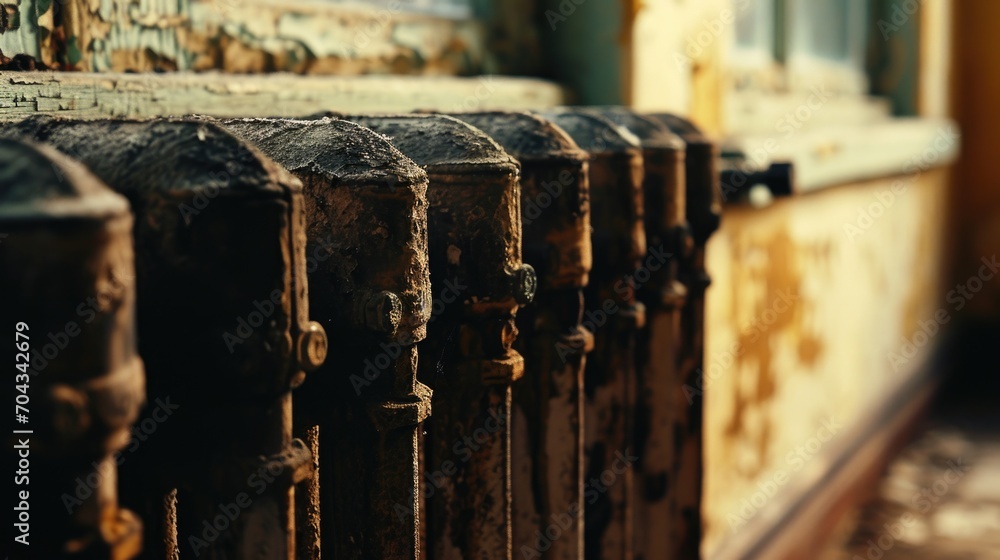 Poster an up-close view of an antique suitcase resting on a railway track. this image can be used to repres