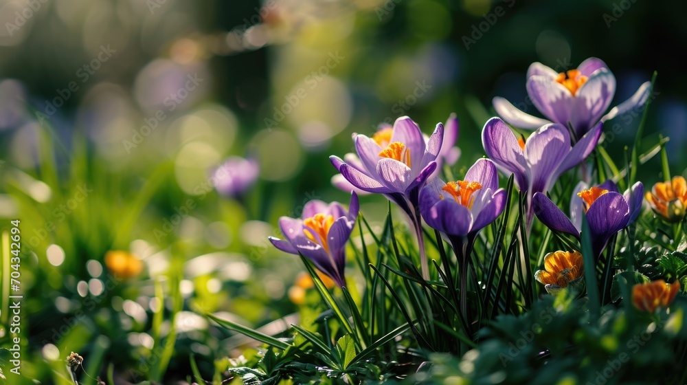 Poster colorful flowers blooming in the grass, perfect for adding a vibrant touch to any project or design