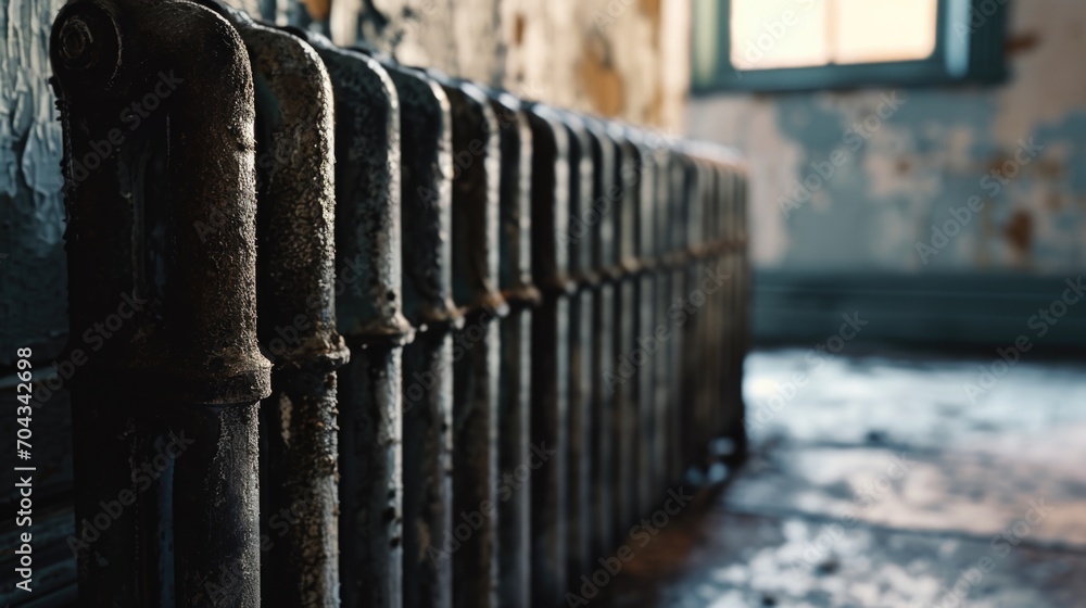 Poster an image of an old radiator in a run down room. this picture can be used to depict decay, neglect, o
