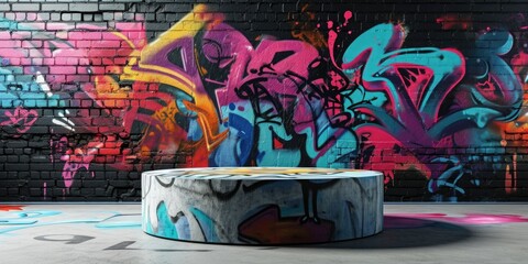 Concrete bench in front of a vibrant graffiti covered wall. Perfect for urban-themed designs and street art concepts