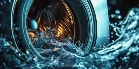 Foto op Plexiglas Water coming out of a washing machine. Perfect for illustrating water damage, appliance repair, or household chores. © Fotograf