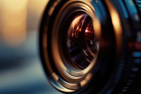 Close up view of a camera lens with a blurred background. Can be used to depict photography, technology, or creativity
