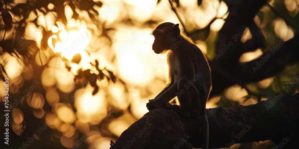 Poster a monkey sitting on top of a tree branch. perfect for nature and wildlife enthusiasts