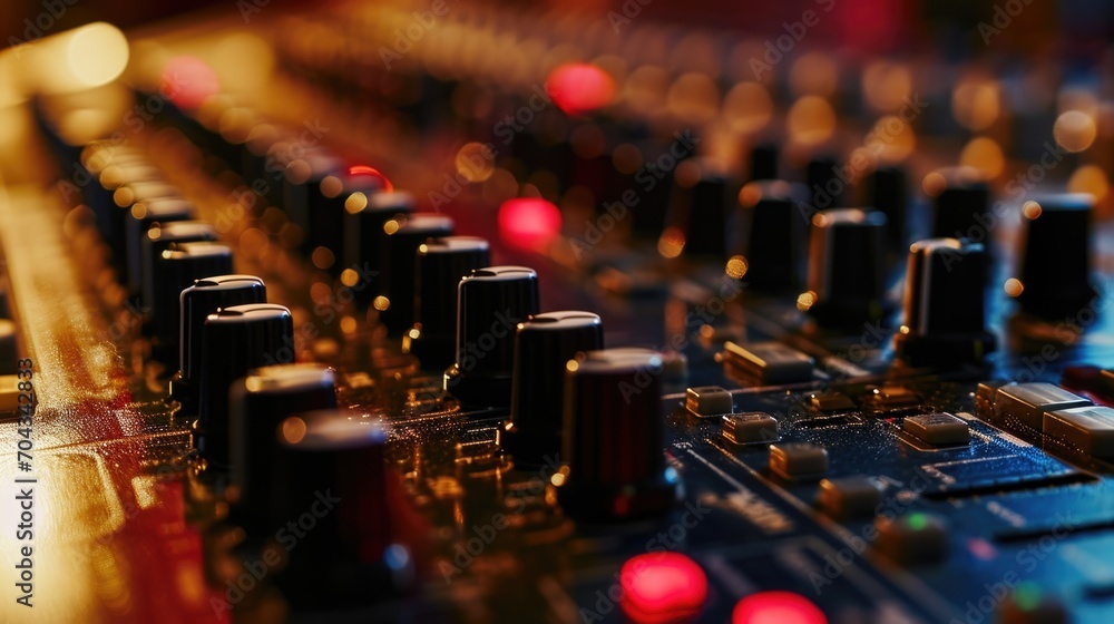 Aufkleber A detailed view of a sound board in a recording studio. Perfect for illustrating the process of sound recording and production