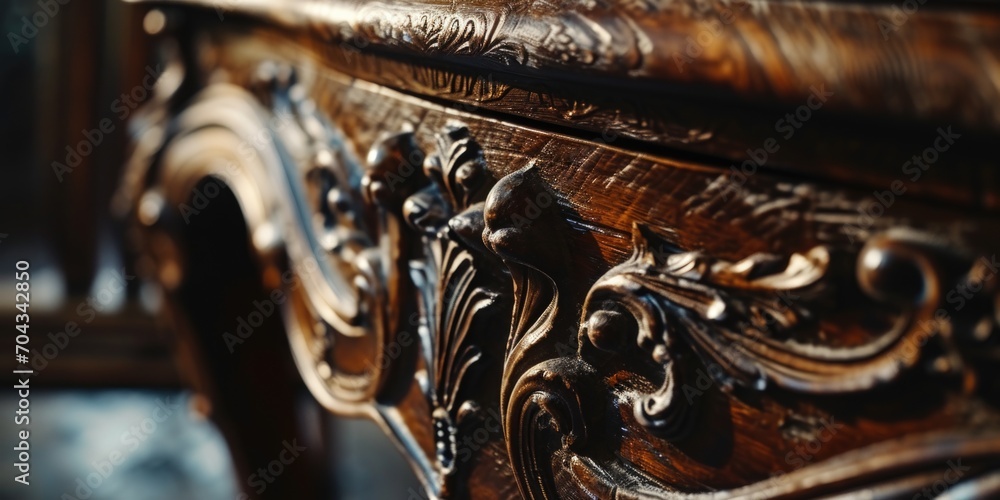 Poster A detailed view of a wooden table with intricate carvings. This image can be used to showcase craftsmanship or as a background for rustic-themed designs