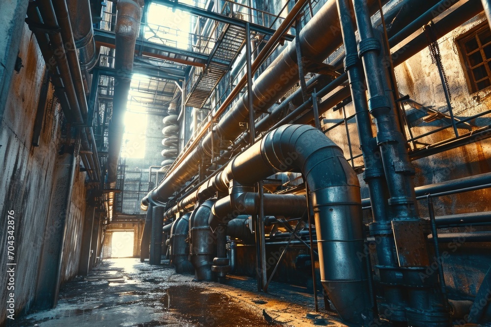 Poster a large industrial building with pipes and windows. suitable for illustrating manufacturing, industr