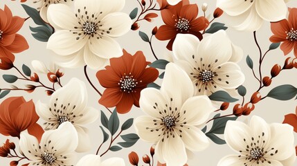 Seamless red flower pattern earthy color AI generated - obrazy, fototapety, plakaty