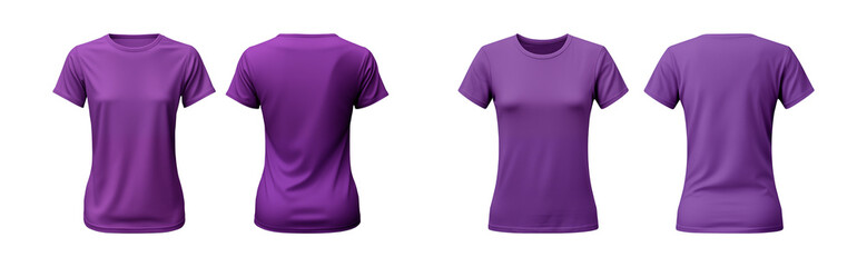 realistic set of female purple t-shirts mockup front and back view isolated on a transparent background, cut out