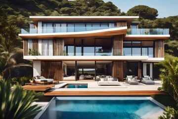 Fototapeta premium Luxury beach house with sea view swimming pool and big garden in modern design