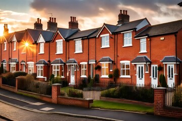 houses, Houses in England with typical red bricks at sunset - Main street in a new estate with typical British houses on the side - Real estate and buildings concepts in UK