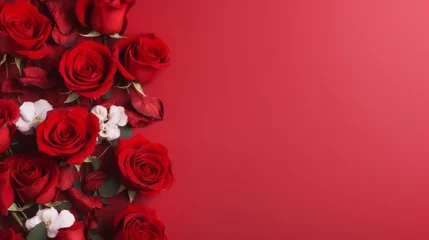 Fotobehang Vibrant red roses in a stunning top-view arrangement on a scarlet background - copy space available   © touseef