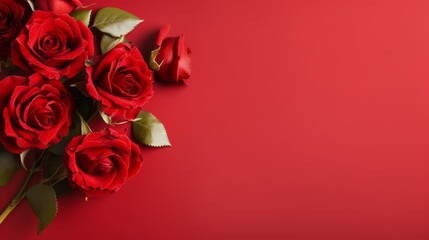 Vibrant red roses in a stunning top-view arrangement on a scarlet background - copy space available

