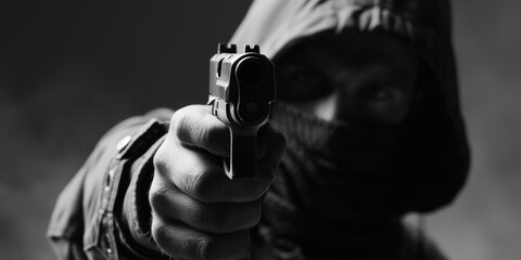 A man in a hooded jacket holding a gun. Suitable for crime, thriller, or action-related projects