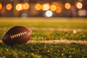 Rugby Ball on Green Grass in Stadium on American Football Field