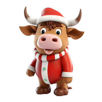 3d cartoon bull wearing santa hat, png clipart, on transparent background