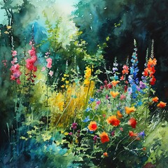 Obraz na płótnie Canvas a watercolor painting of a wild flower garden - cozy cottagecore wallpaper