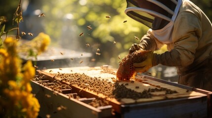 Beekeeper harvesting golden honey from hives in idyllic countryside scene
