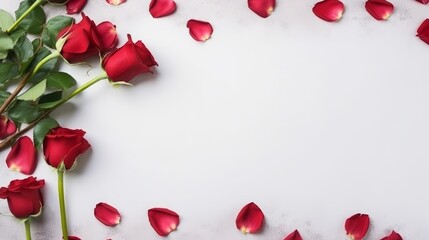 Graceful blank card with vibrant red roses and petals on subtle grey background - elegant flat lay design with copy space

