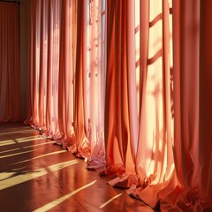 a peach warm fuzz colored background with curtains - ballet yoga studio with sun coming through the window - obrazy, fototapety, plakaty