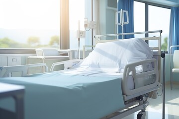 Blurred hospital image with a a hospital bed with white sheets - sunny window - clean blue aesthetic