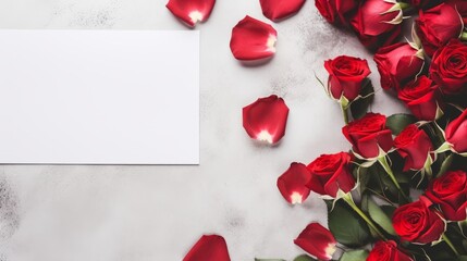Graceful blank card with vibrant red roses and petals on subtle grey background - elegant flat lay design with copy space

