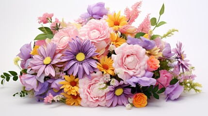 Naklejka na ściany i meble Breathtaking floral elegance: vibrant bouquet closeup on pure white background – high-quality stock image 