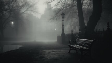 evening in the park - bench and lamp near college building - black and white spooky dark academia landscape