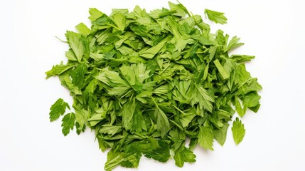 Obraz premium Top view of pile of chopped dry parsley leaves isolated on white - culinary herb, cooking ingredient, food photography