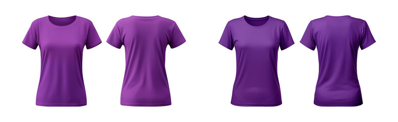 realistic set of female purple t-shirts mockup front and back view isolated on a transparent background, cut out