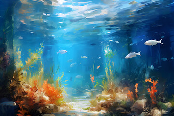 Obraz na płótnie Canvas Beautiful underwater landscape. Oil painting in impressionism style.