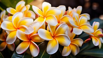 Vibrant frangipani blooms: close-up floral photography with exquisite petals and soft focus, tropical nature background

