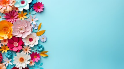 Obraz premium Vibrant handmade paper flowers adorning a light blue background - copy space available