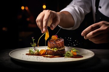 Photo of a chef garnishing a fine dining dish. Generative AI