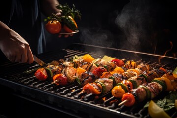 Photo of a chef grilling fresh vegetables on skewers. Generative AI