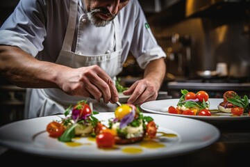 Photo of a chef plating a colorful caprese salad. Generative AI