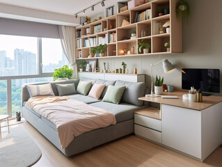 Compact studio apartment, multifunctional furniture, clever layout, modern aesthetics, optimized living space, urban design.